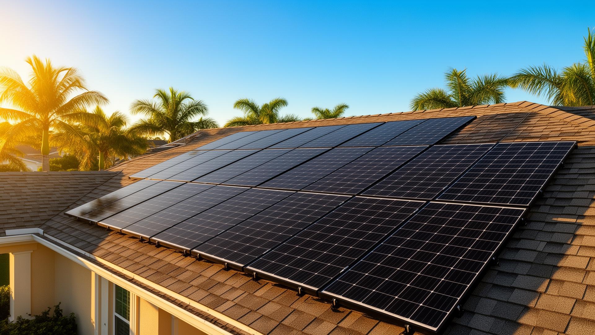 Solar panels installed on the roof of a Clearwater, Florida home with palm trees and clear blue sky