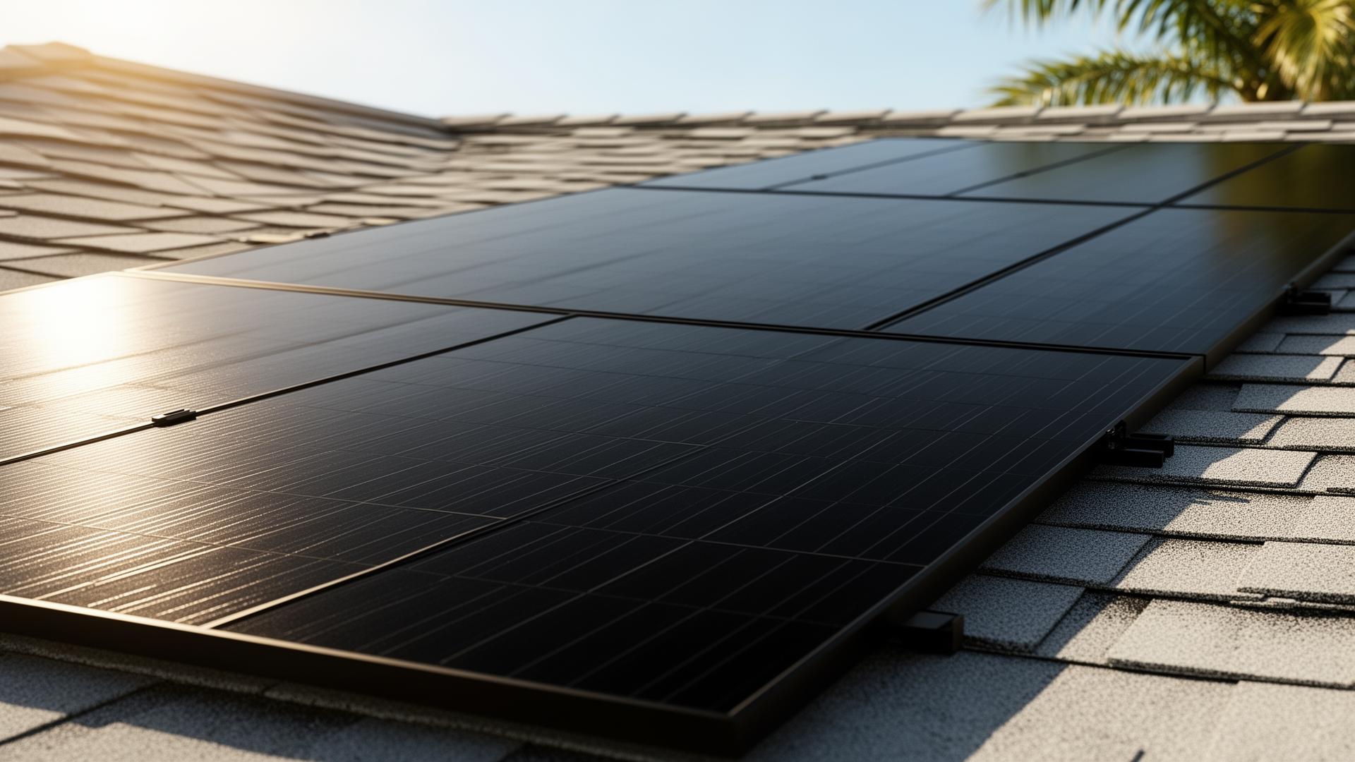Sleek all-black solar panels installed on a Florida home roof with palm trees in the background